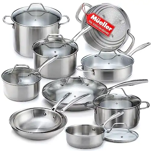 Mueller Pots and Pans Set 17-Piece, Ultra-Clad Pro Stainless Steel Cookware Set, Ergonomic EverCool Handle, Induction Cookware, Includes Saucepans, Skillets, Dutch Oven, Stockpot, Steamer For Cooking