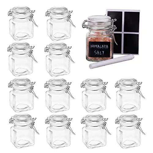 Oak & Steel 12 Pack 3.4oz Small Airtight Glass Spice Jars with Lids & Clip Top, 24 Labels & Chalk Pen - Square Bottles, Herb Jars, Mason Jars, Seasoning Containers