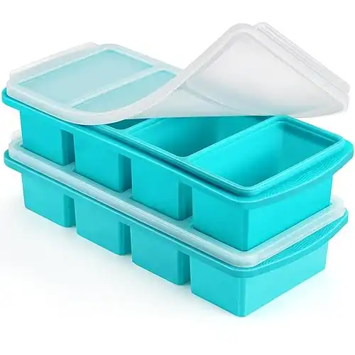 Silicone Freezer Tray with Lid - 1 Cup Silicone Food Freezer Tray - Large Ice Cube Freezer Molds - Soup, Sauce, leftovers, Homemade Meal Prep Freezing Kitchen Storage Containers - Aqua - 2-Pack