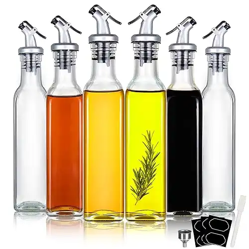 YEBODA 8oz Clear Glass Olive Oil Dispenser Bottles, and Vinegar Cruet Bottle Includes Pourers, Funnel Labels, Cooking Container for Kitchen 6 Pack