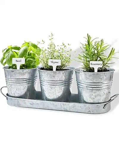 vensovo Herb Planter Indoor - Windowsill Herb Garden Planter Set with Tray and Drainage for Kitchen, Set of 3 Metal Herb Pots for Indoor and Outdoor Plants, Galvanized