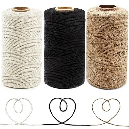 Anvin 984 Feet Cotton Twine Natural Jute Twine Packing Twines Bakers Twine Black Twine White Twine Wrapping Butchers Baking Arts and Crafts Gardening(Pack of 3, 10 Ply 2mm Thick)