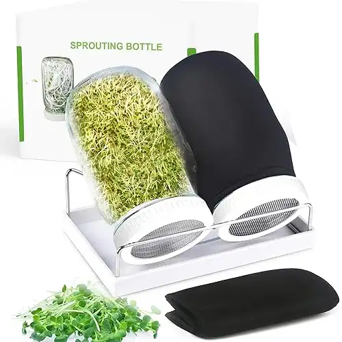 Seed Sprouting Kit, 2 Large Wide Mouth Mason Jars with Sprout Lids, Blackout Sleeves, Drain Tray, Stainless Steel Stand, Sprouts Growing Kit for Bean, Broccoli, Alfalfa (White)