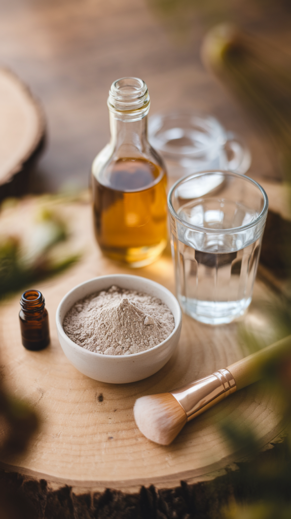 The ingredients for a DIY clay mask for an armpit detox with simple ingredients using bentonite clay, apple cider vinegar, water and essential oils.