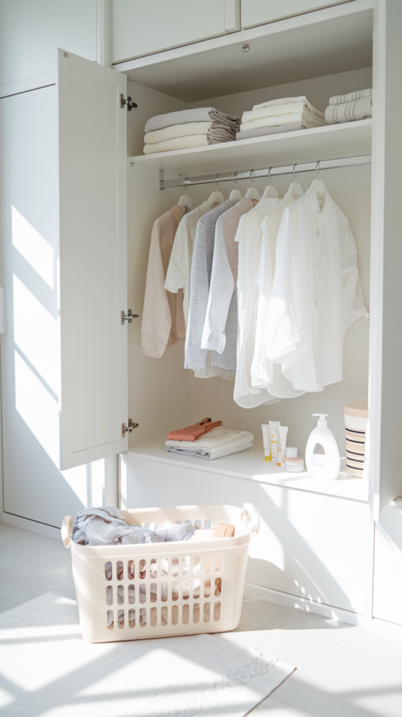 A wardrobe featuring neatly folded and hung natural-fiber clothing like cotton and linen helps your body breathe.