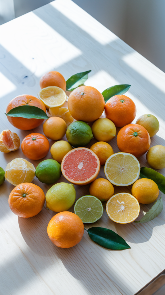 Brightly colored winter citrus fruits, including whole and sliced oranges and grapefruits, in soft natural light