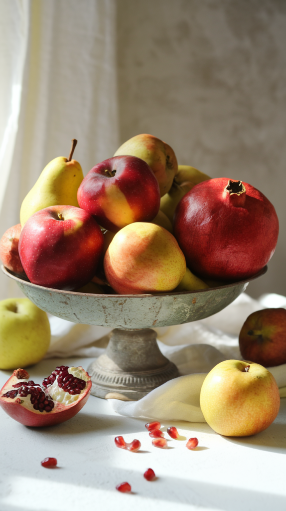 A fruit filled bowl with apples, pears, and a whole pomegranate showcasing winter fruit.