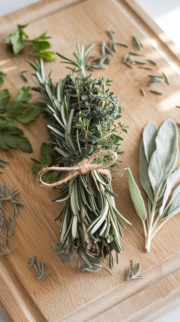 A bundle of fresh herbs available during winter, including rosemary, thyme, and parsley, tied with twine on a cutting board.