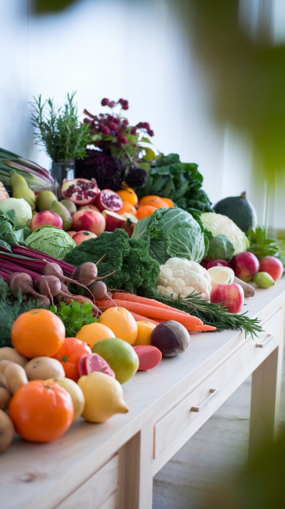 A collection of fruits and vegetables showcasing the wide variety of winter seasonal produce.