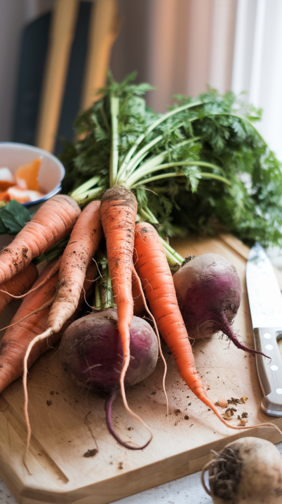 A variety of freshly harvested seasonal winter root vegetables with leafy tops on a wooden cutting board.