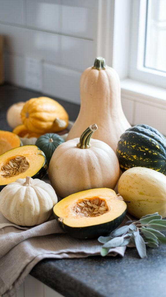 A variety of colorful winter squashes available during the winter season.