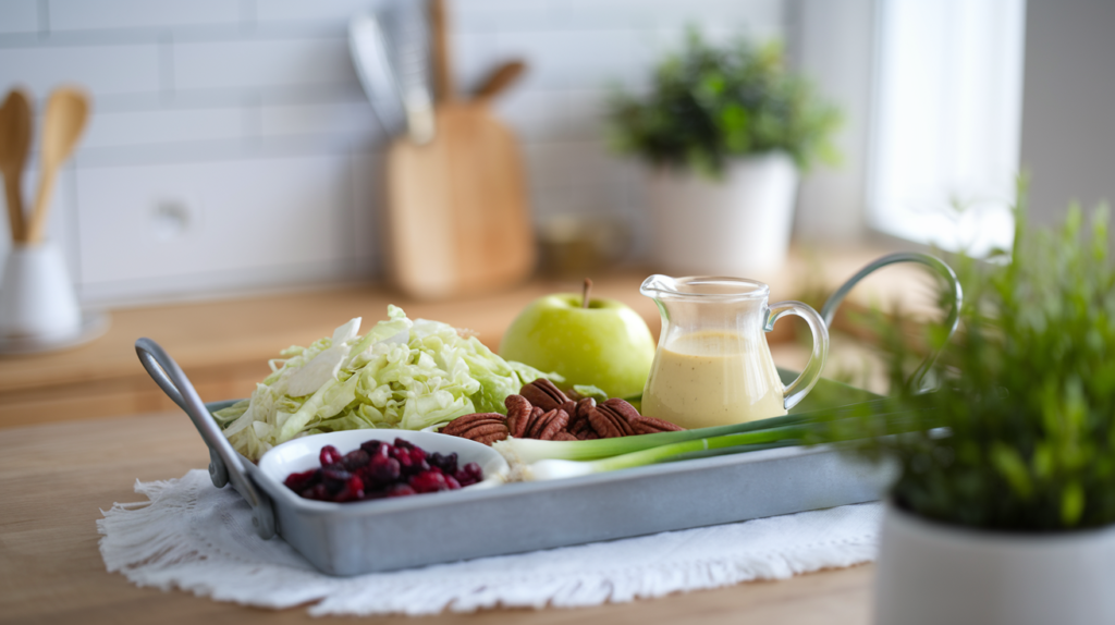 Fresh ingredients for a crisp and tangy apple slaw. Neatly arranged ingredients for a fresh apple slaw: crisp apples, crunchy cabbage, dried cranberries, pecans, and a tangy apple cider dressing, ready to be mixed into a delicious salad.