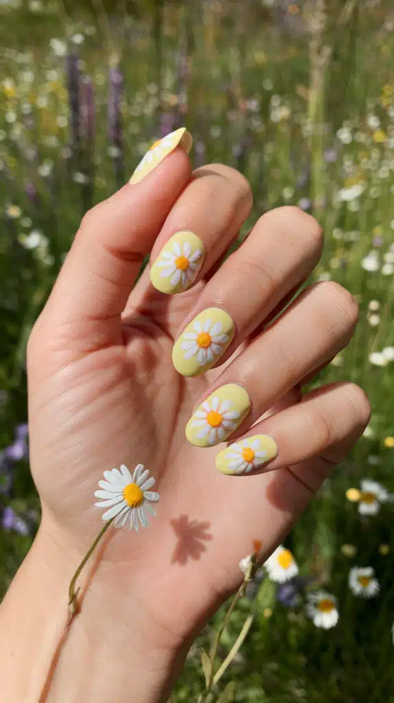 Bright yellow nails with daisy designs – fresh, fun, and perfect for spring! A cheerful spring manicure featuring pastel yellow nails adorned with delicate white daisy flowers, set against a sunlit wildflower meadow.