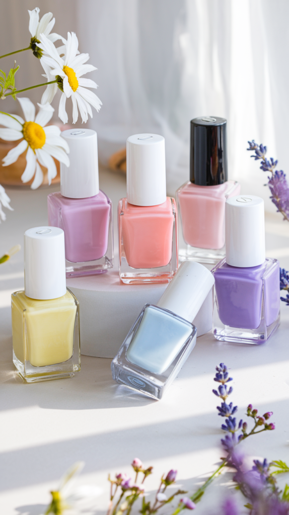 Bright & happy spring nail polishes – sunshine yellow, blossom pink, peach sorbet, sky blue, and lilac! A dreamy lineup of nail polish bottles in bright, happy spring colors—cheerful yellow, delicate pink, soft peach, airy blue, and pastel lilac—perfect for fresh spring manicures.