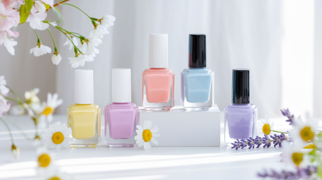 Spring nail polish collection in soft pastels: yellow, pink, peach, blue, and lilac. A row of unmarked nail polish bottles in soft spring colors: sunshine yellow, blossom pink, peach sorbet, sky blue, and lilac, arranged on a clean white surface with subtle floral accents.