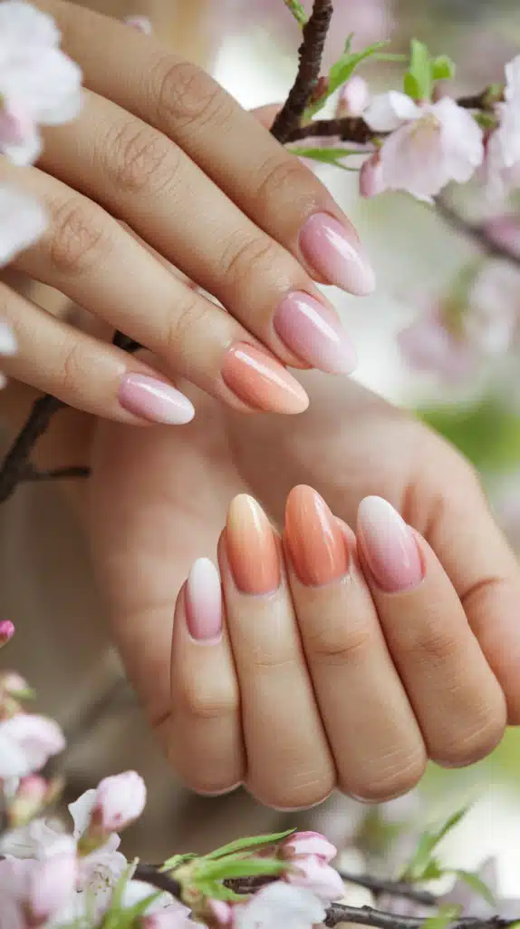 Soft pink and peach ombré nails – the perfect blend for a fresh spring look! Close-up of a hand with soft pink and peach ombré nails, glossy and perfectly manicured, against a spring floral background.