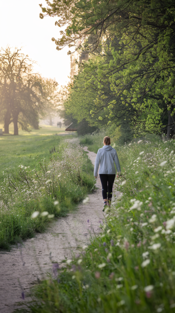 Enjoy a Refreshing Spring Walk in Nature Relaxing spring walk in a park with sunlight filtering through the trees.