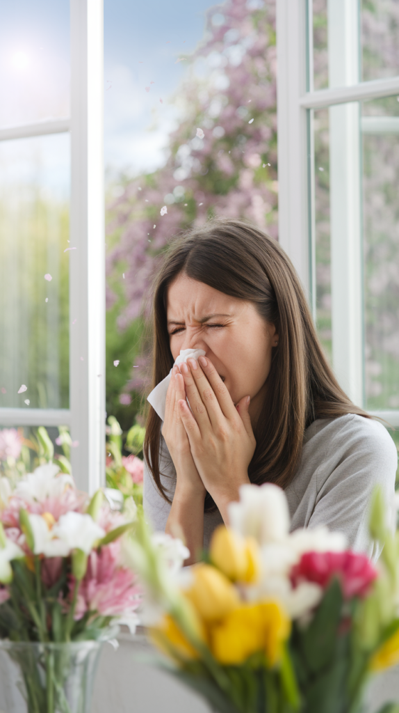Spring is here, but so are the allergies! A person sneezing near an open window with pollen floating in the air on a bright spring day.