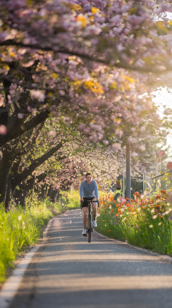 Enjoy a Scenic Spring Bike Ride Through Blooming Nature Person biking along a scenic path with cherry blossoms in full bloom.