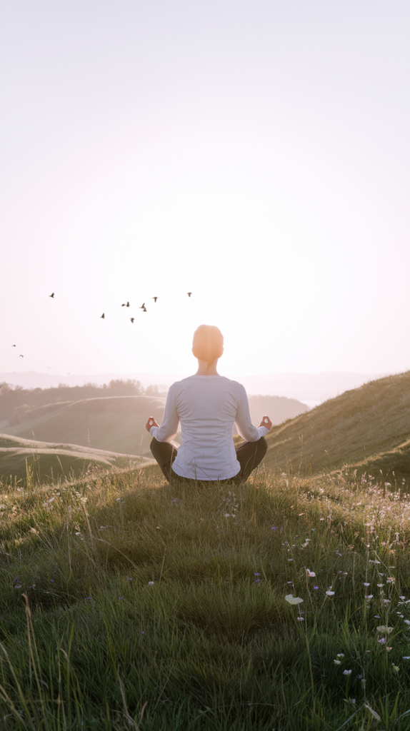 Find Serenity with a Springtime Meditation Ritual Person meditating on a grassy hill at sunrise with a peaceful spring landscape.